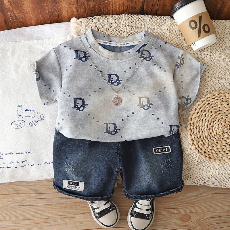 Boys' Outfit 2026 New Fashionable Toddler Summer Outfit, Round Neck Letter Print Short Sleeve Thin Clothing for Little Boys