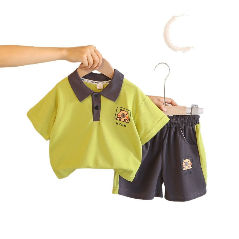 Children's clothing set, boys' outfit, cartoon button-up shirt, short-sleeved, baby summer 2026 new stylish two-piece set