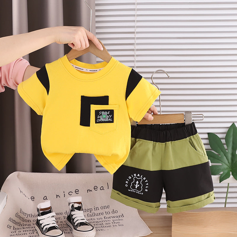 Boys' Outfit 2026 New Children's Clothing Summer Double Pocket Patchwork Bear Short Sleeve Two-Piece Set Baby Trendy