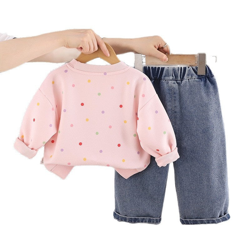 Girls' Outfit Set, Stylish 2026 New Model, Baby Girl Spring and Autumn Colorful Dot Embroidered Sweatshirt Two-Piece Set
