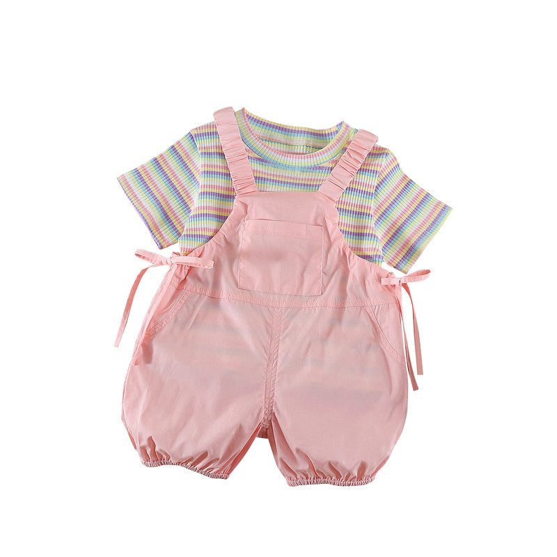 Girls' Outfit 2026 New Children's Short-Sleeve Rainbow Striped Pom-Pom Overalls Two-Piece Set for Baby Summer