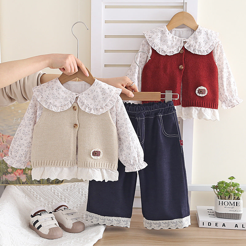Girls' and Autumn 2026 New Fashionable Children's Casual Spring Outfit with Lace Cardigan Three-Piece Set