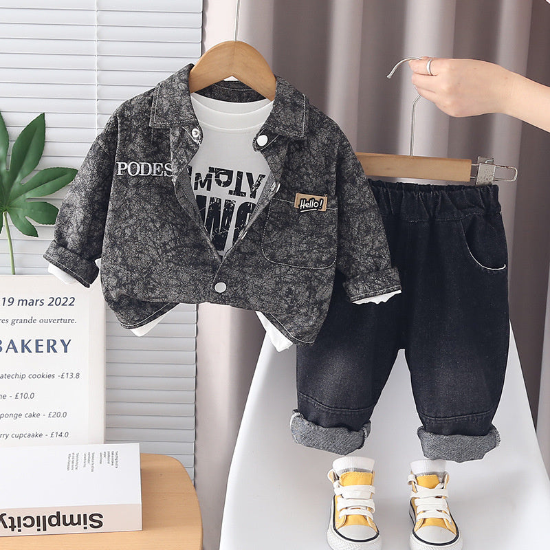 Boys' Outfit 2026 New Style Infant Children's Spring and Autumn Long Sleeve Denim Casual Three-Piece Set Baby Boy Clothes Trendy