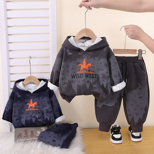 Boys' Autumn and Fleece-Lined Set 2026 New Fashionable Children's Winter Hooded Sweatshirt Two-Piece Outfit for Boys
