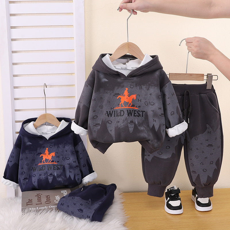 Boys' Autumn and Fleece-Lined Set 2026 New Fashionable Children's Winter Hooded Sweatshirt Two-Piece Outfit for Boys