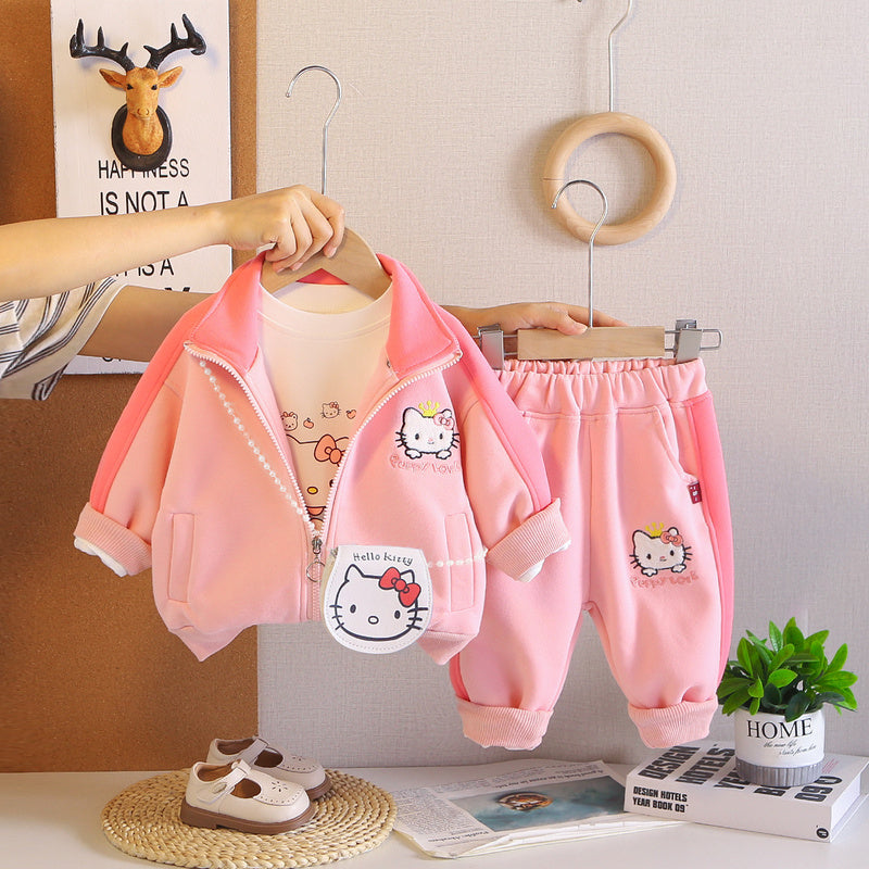 Girls' Outfit 2026 New Fashionable Children's Clothing Baby Spring and Autumn Kitten Patchwork Three-Piece Set Infant