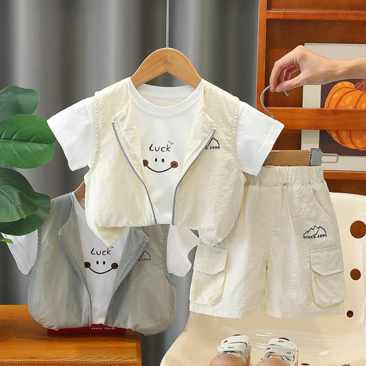 Boys' Outfit 2026 New Fashionable Children's Sporty Outdoor Style Summer Short-Sleeve Three-Piece Set for 1-3 Year Olds Trendy