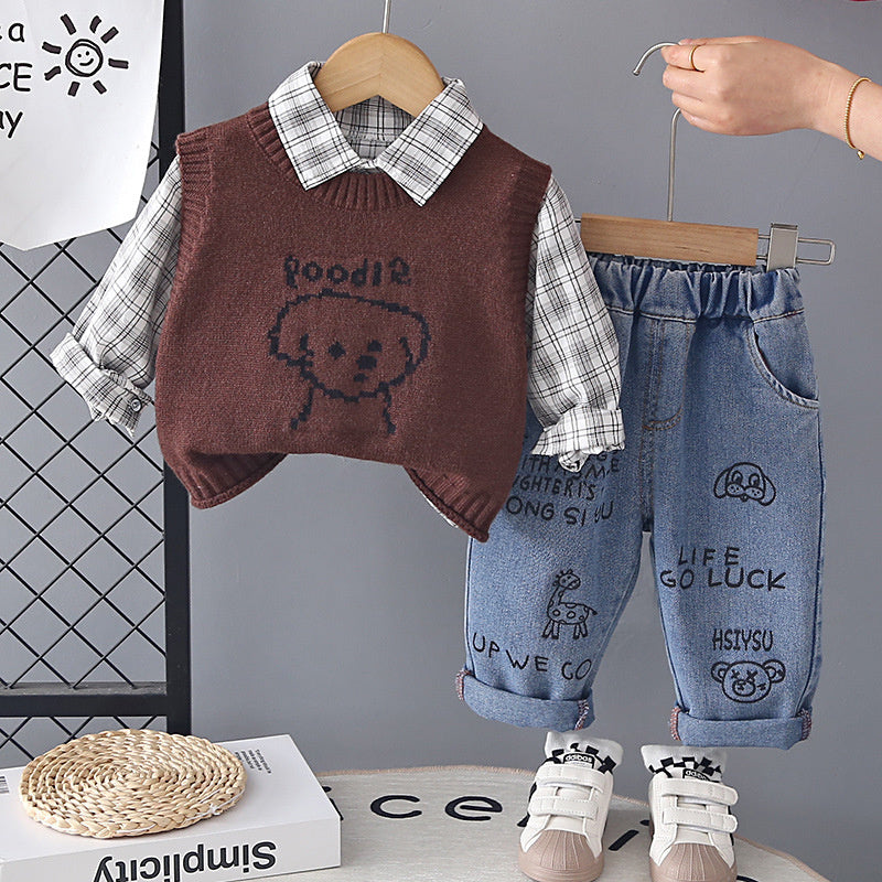 Boys' Outfit 2026 New Style Infant Children's Spring Autumn Puppy Sweater Vest Three-Piece Set Cute and Trendy for Baby Boys