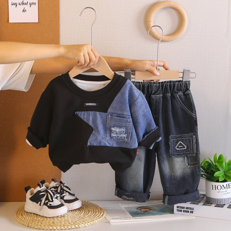 Boys' Casual Outfit 2026 Fashionable Baby Patchwork Pocket Sweatshirt New Two-Piece Set for Spring and Autumn