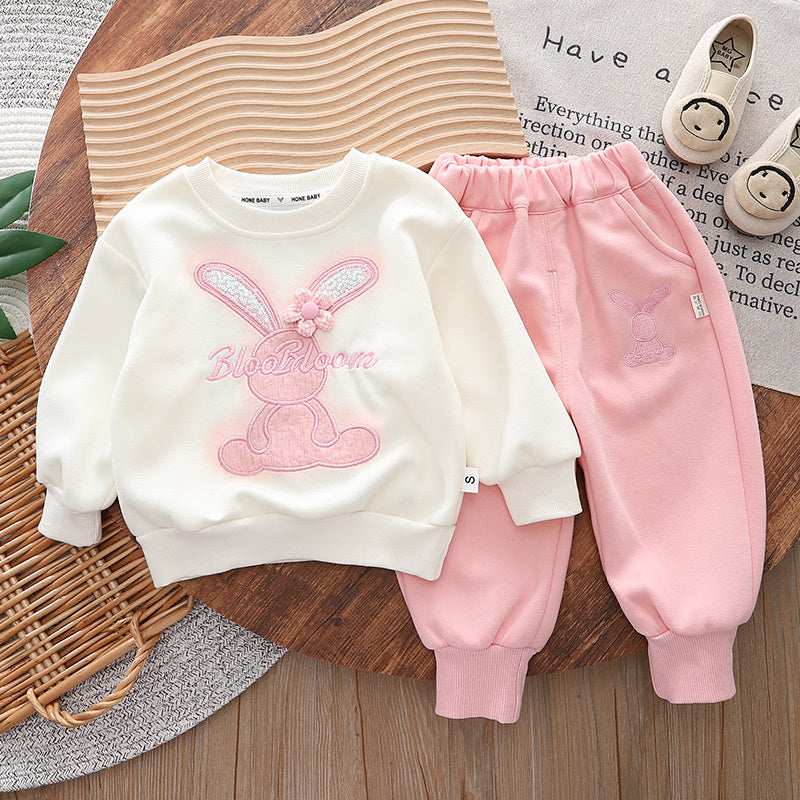 1-4 Years Old Baby Outfit Spring Fashionable Girl Clothing Korean Style Infant Toddler Clothes 3 Flowers Rabbit Two-Piece Set