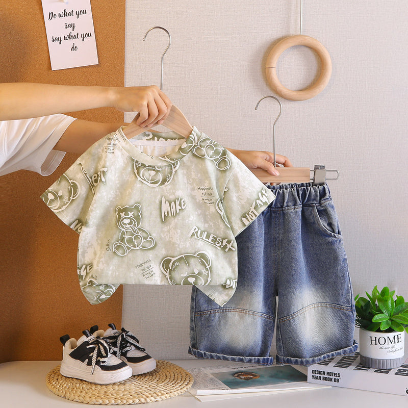 Boys' Outfit Children's Clothing 2026 New Summer Style Full Bear Head Print Round Neck Short Sleeve Two-Piece Set Trendy