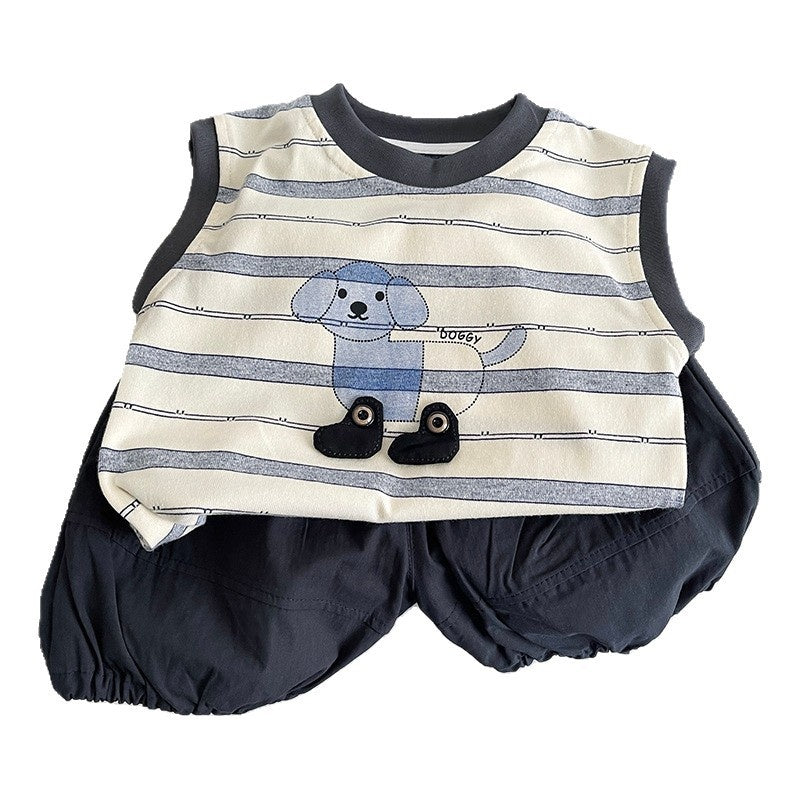 Baby Outfit Set 2026 New Model Boys' Striped Buttoned Puppy Vest Shorts Infant Children's Clothing Toddler Summer Wear