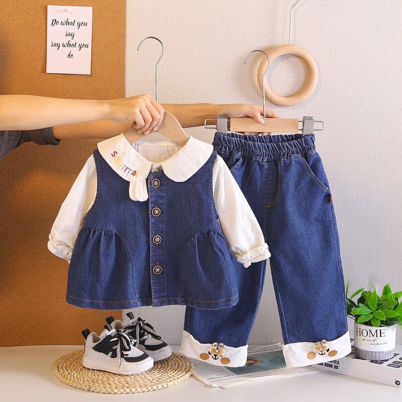 Girls' Embroidered Denim Vest Fashionable Spring Children's Spring-Autumn Outfit, Baby Long-Sleeve Three-Piece Set, Stylish
