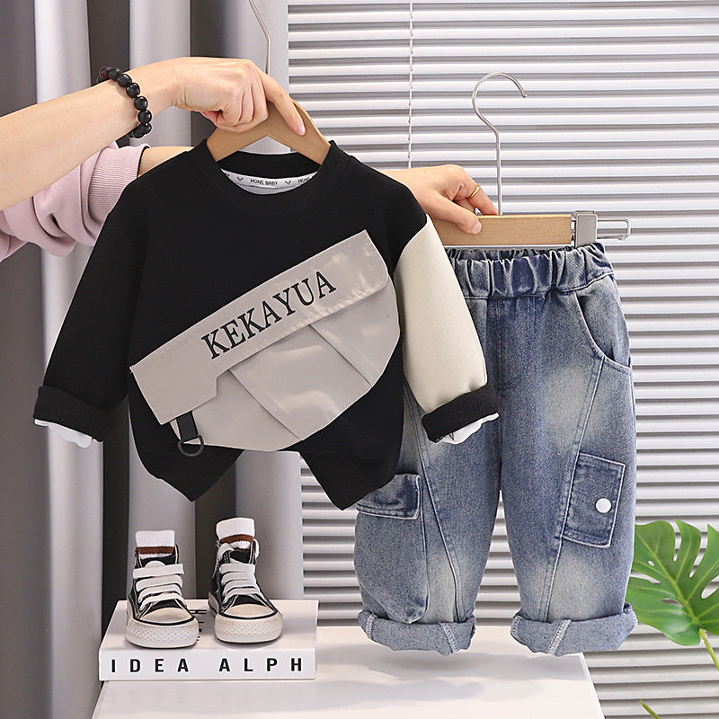 Boys' Spring Outfit Baby Spring-Autumn Two-Piece Set 2026 New Large Pocket Sweatshirt for 1-3 Year Olds Trendy Children's Clothing