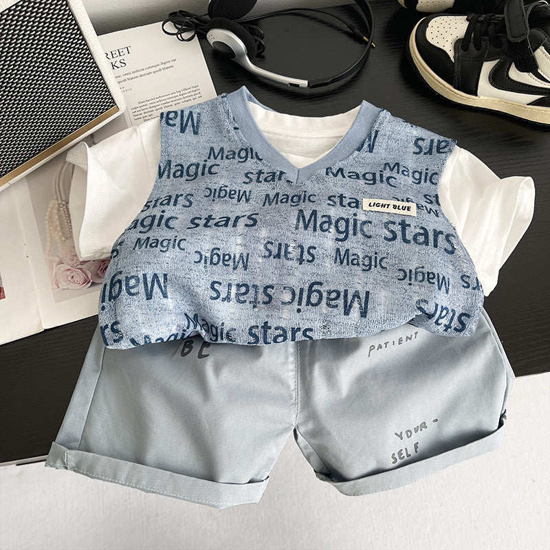 Boys' Outfit Children's Letter Print Short Sleeve Three-Piece Set 2026 New Style for Little Boys 1-3 Years Old Baby Summer Clothes
