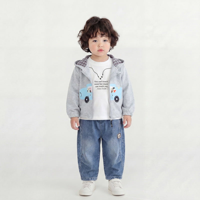 Boys' Outfit 2026 New Style Infant Children's Spring and Autumn Fashionable Baby Car Zipper Jacket Three-Piece Set