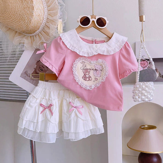 25006 Girls' 2025 Spring/Summer New Cartoon Cute Print Short Sleeve Top and Skirt Two-Piece Set