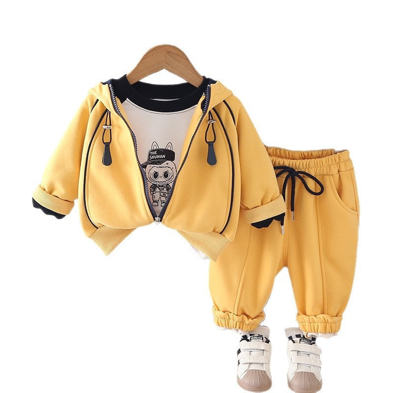 26 New Boys Fashionable Suit Toddler Spring and Autumn Outfit Sports Casual Zipper Shirt Set Three-Piece Wholesale Trendy