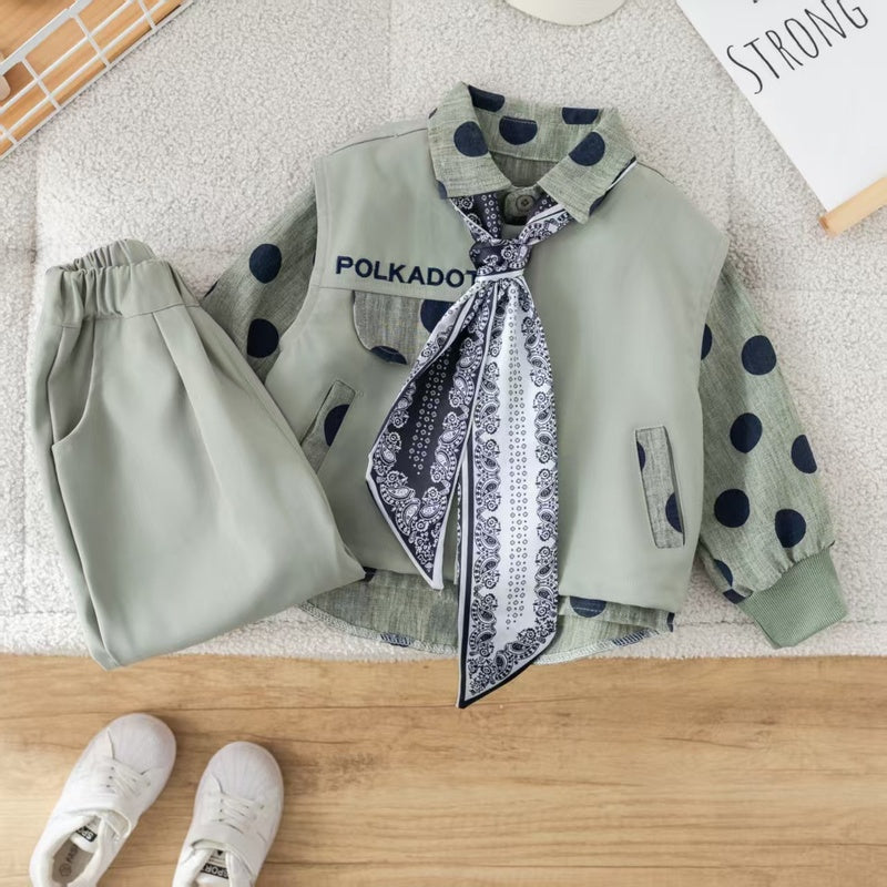 Boys' outfit set, stylish baby boy spring and autumn fashion trendy infant toddler clothing polka dot round-neck suit three-piece set