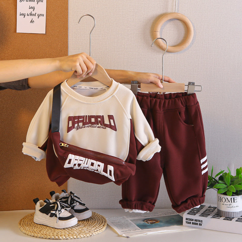 Baby Korean-style sweatshirt bag set, stylish boys' spring autumn clothing, infant and toddler two-piece trendy outfit