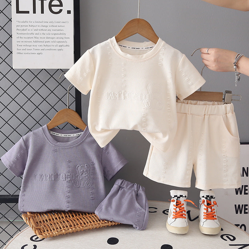 Boys' Outfit: Distressed Bear Short-Sleeve Set 2026 New Fashionable Baby Summer Clothes, Lightweight and Stylish for Children