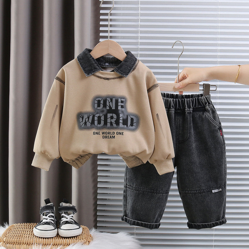 Children's Outfit 2026 New Style Boys' Stylish Detachable Denim Collar Letter Two-Piece Set Baby Spring and Autumn Clothing