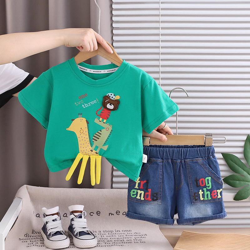Boys' Outfit Cartoon Giraffe Animal Short Sleeve Two-Piece Set 2026 New Fashionable Baby Summer Children's Clothes