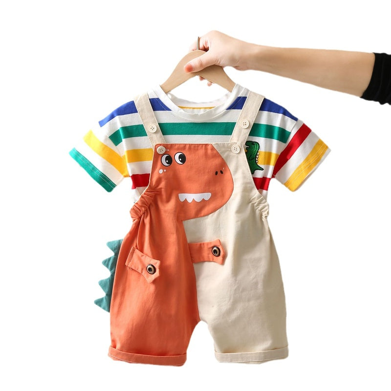 Children's Clothing Short Sleeve Set 205 New Summer Boys and Girls Kids Infant Cartoon Color Striped Dinosaur Suspender Shorts