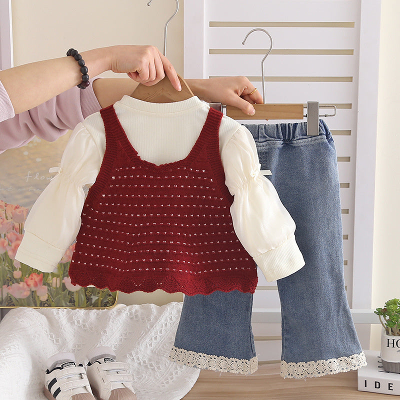 Baby Girl's and Autumn Fashionable 2-piece Outfit, Korean Style Infant Clothing for 1-year-old Girls, Spring Bowknot Three-piece Set