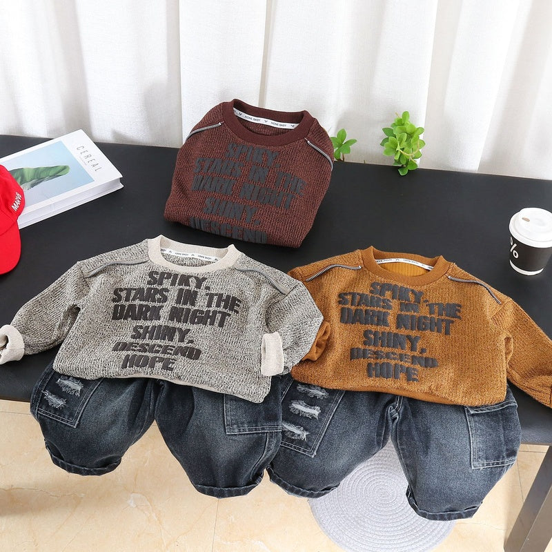 Boys' shoulder-zipper sweatshirt 2026 new spring and autumn style children's casual sports two-piece set