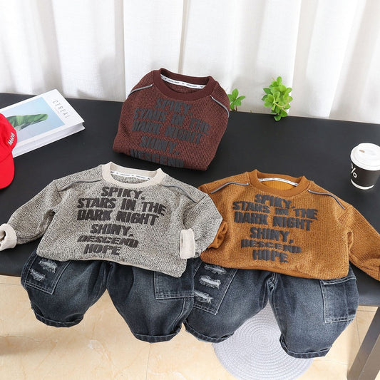 Boys' shoulder-zipper sweatshirt 2026 new spring and autumn style children's casual sports two-piece set