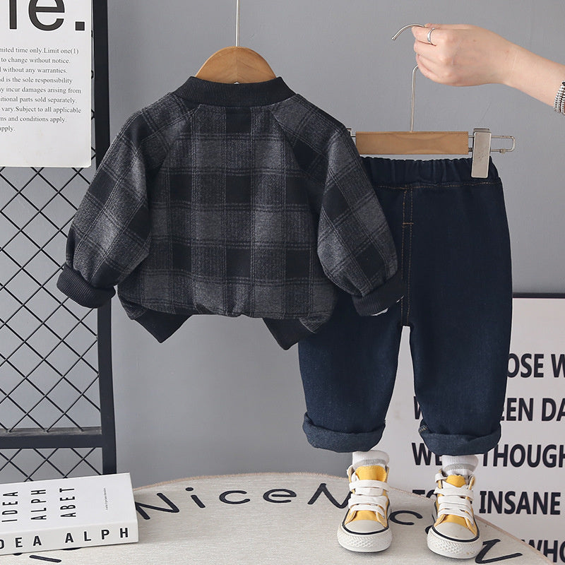 Boys' Outfit 2026 New Fashionable Baby Casual Stand Collar Plaid Jacket Children's Spring and Autumn Three-Piece Set