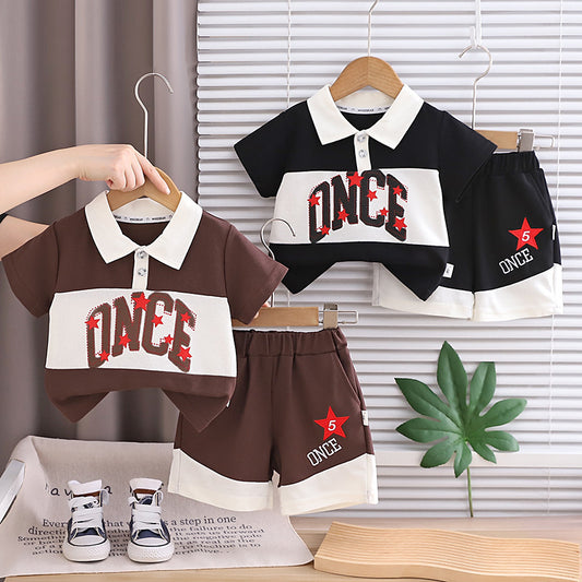 Korean-style boys' summer outfit 2026 new model baby English letter color-blocking turn-down collar short-sleeve button-front children's two-piece set