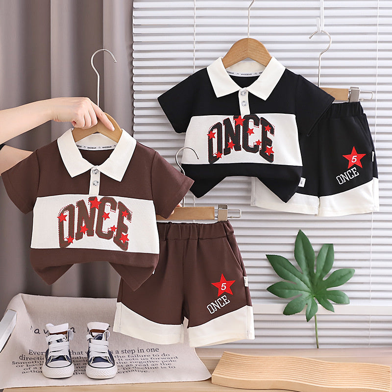 Korean-style boys' summer outfit 2026 new model baby English letter color-blocking turn-down collar short-sleeve button-front children's two-piece set
