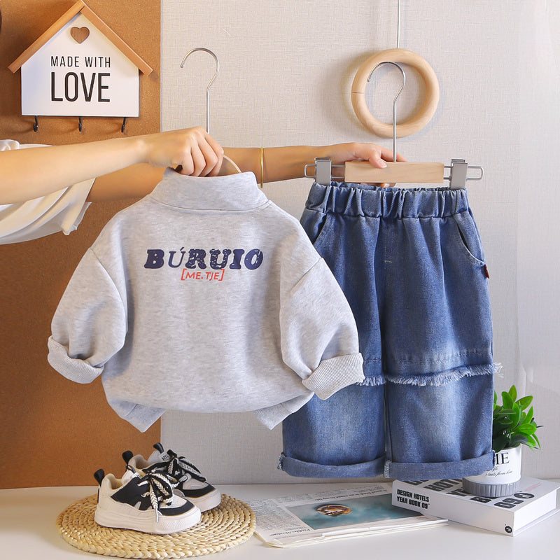 Children's 2026 Spring and Autumn New Korean Style Boys' Fall Outfit Stand Collar Half-Zip Sweatshirt Baby Two-Piece Set Trendy