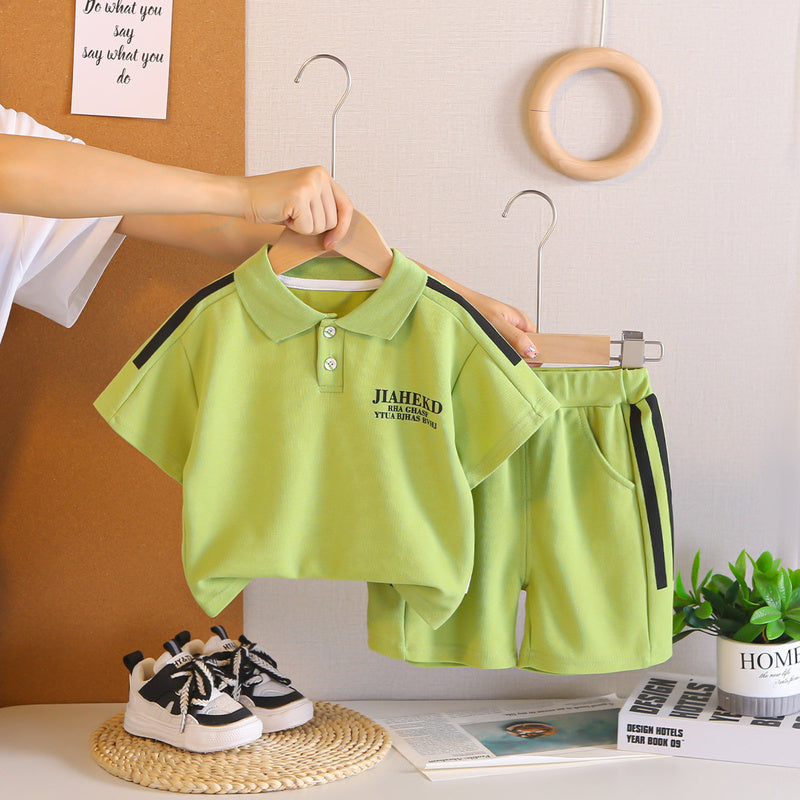 2026 Children's Fashionable Short-Sleeve Polo Shirt with Letter Print Boys' Suit Turn-Down Collar Summer Outfit Two-Piece Set Trendy