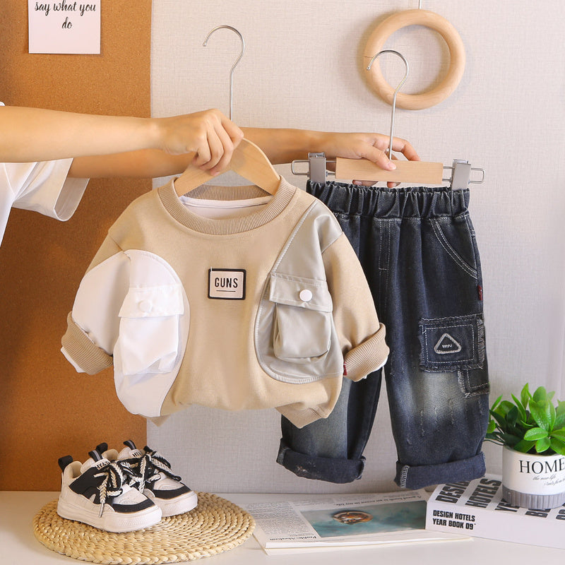 Boys' Outfit Children's Two-Color Pocket Sweatshirt 2026 New Style 1 to 3 Years Old Baby Spring and Autumn Two-Piece Set for Boys