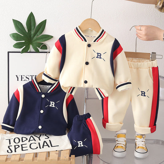 Autumn Outfits for Boys and Girls, Stylish Girls' Spring Color-Block Letter Jacket Two-Piece Set, Trendy Baby Clothes