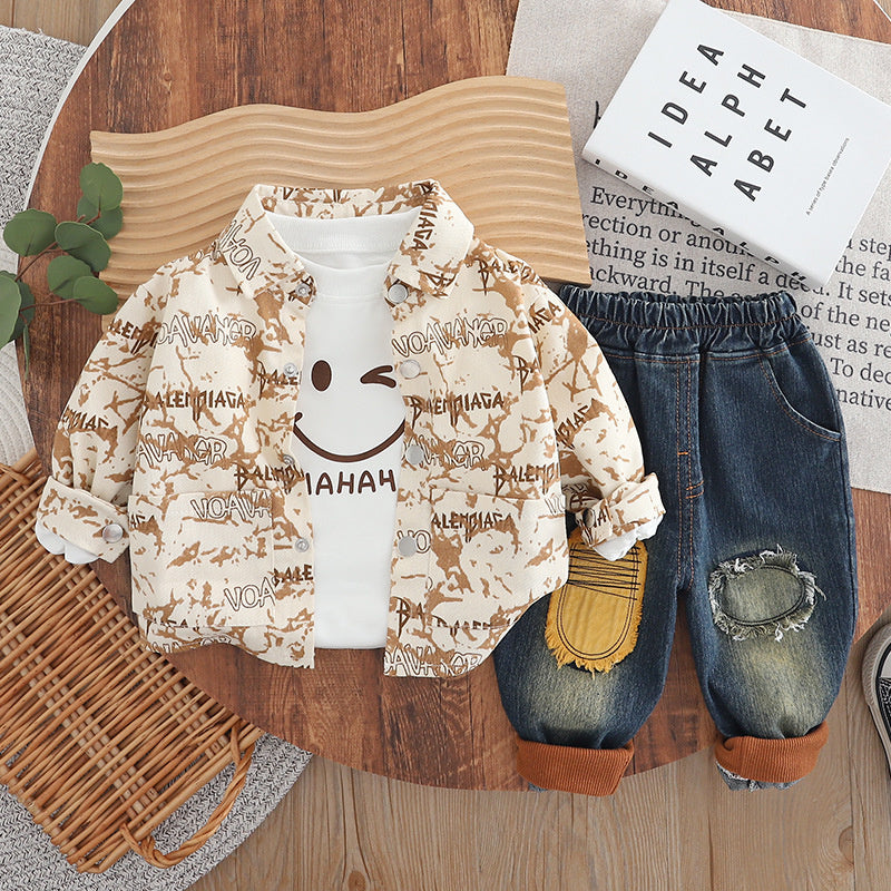 Boys' Toddler Clothing Autumn 2025 New Tie-Dye Smiley Face Jacket Casual Long Pants Children's Baby Three-Piece Set