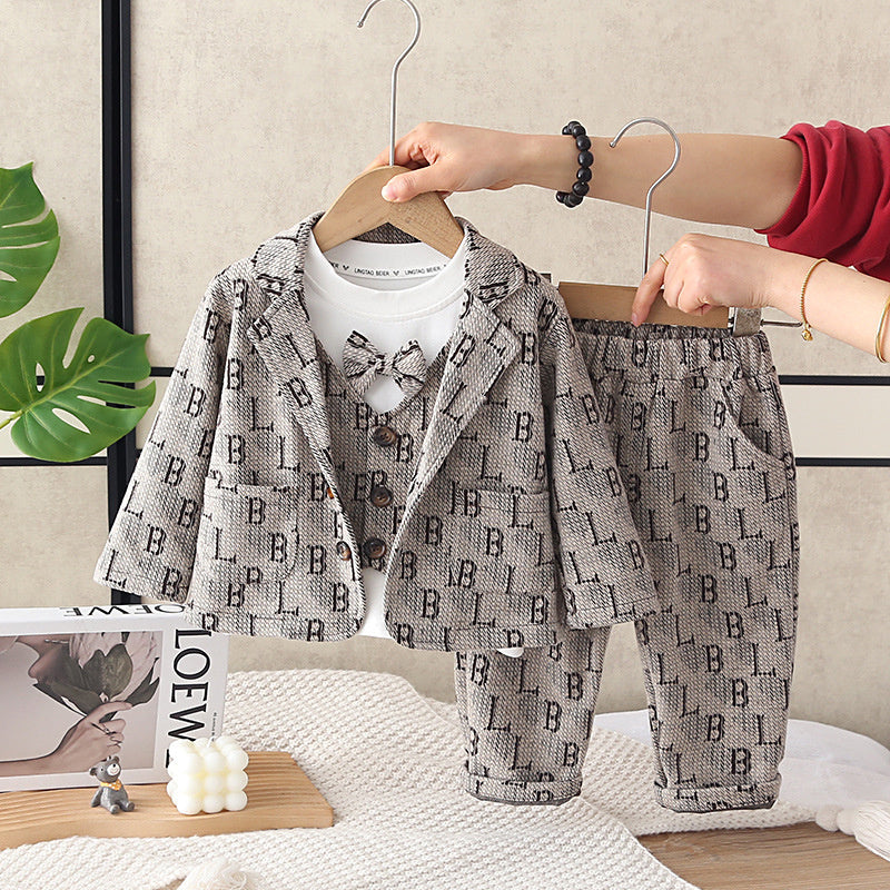 Boys' 2026 New Cool Stylish Children's Korean Version Full Letter Print Three-Piece Suit for Toddlers Spring and Autumn Trend
