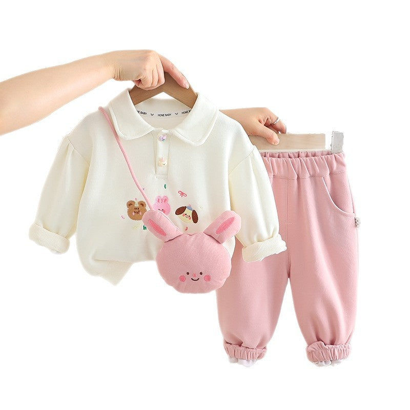 Girls' Outfit Turn-Down Collar Sweatshirt 2025 New Toddler Baby Spring Autumn Bunny Polo Crossbody Bag Two-Piece Set