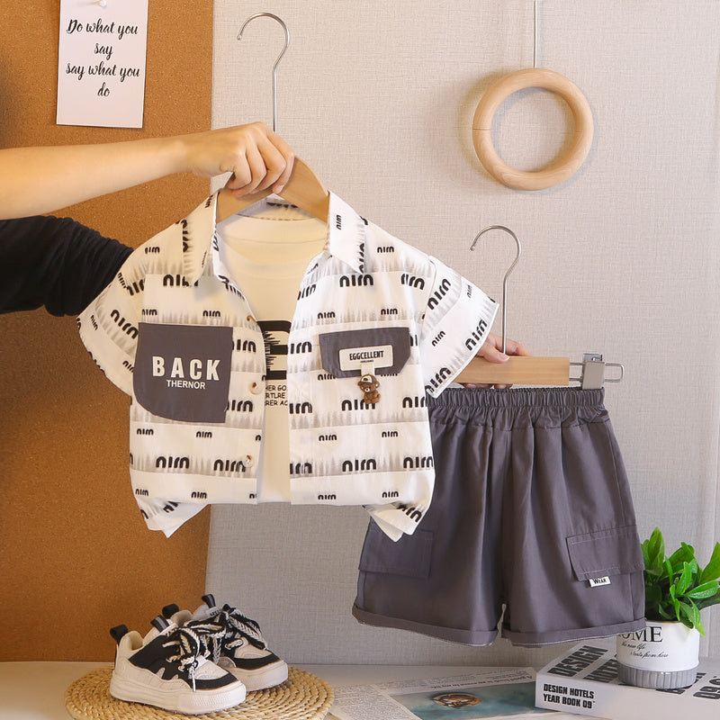 Boys' Short-Sleeve 2026 New Stylish Baby Summer Clothes Trendy Three-Piece Set with Pocket Cover and Bear Design