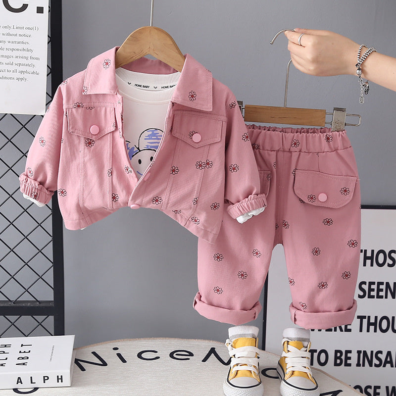 Girls' Outfit 2026 New Baby Spring and Autumn Clothes Cute Full-Print Floral Three-Piece Set Trendy Children's Clothing