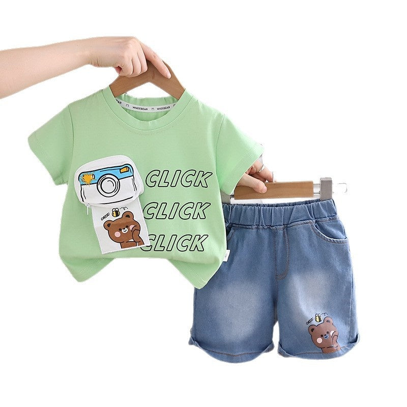 Boys' Outfit 2026 New Cool and Stylish Children's Summer Clothes Baby Bear Camera Short Sleeve Two-Piece Set Trendy