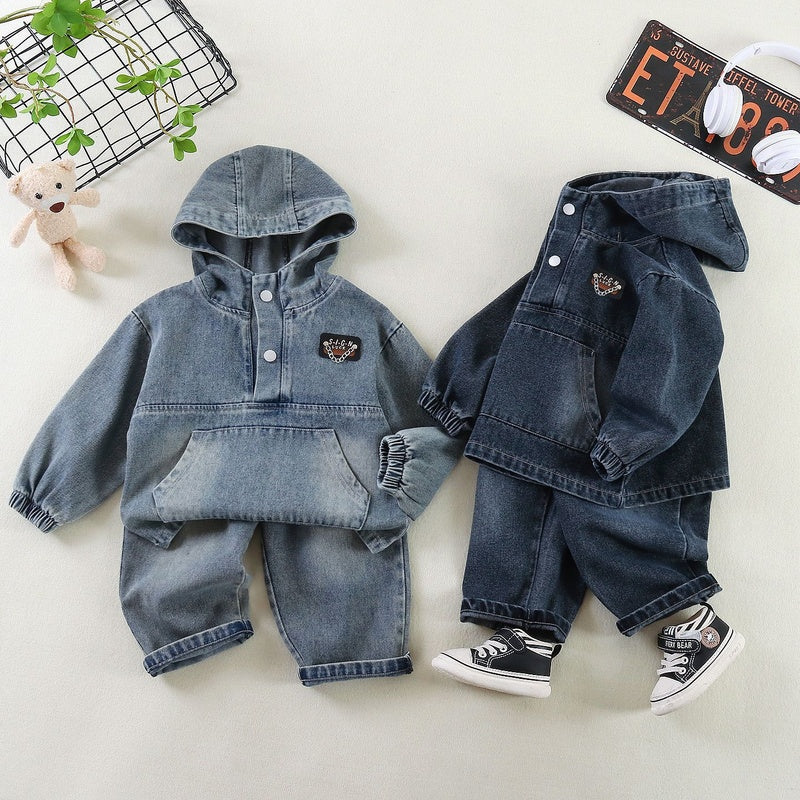 Boys' Outfit Spring Autumn 2026 New Fashionable Baby Boy 4-6 Years Old Children's Solid Color Hoodie and Denim Two-Piece Set