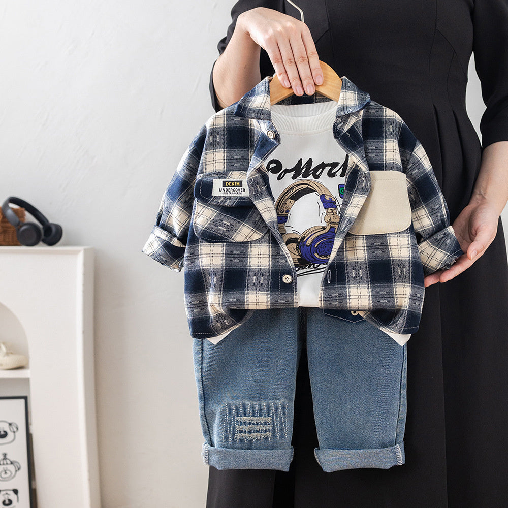 Boys' Spring Three-Piece Set with Earphone Plaid Shirt, 1-2-3-5 Years Old Toddler Outfit, Korean Style Fashionable Baby Clothes