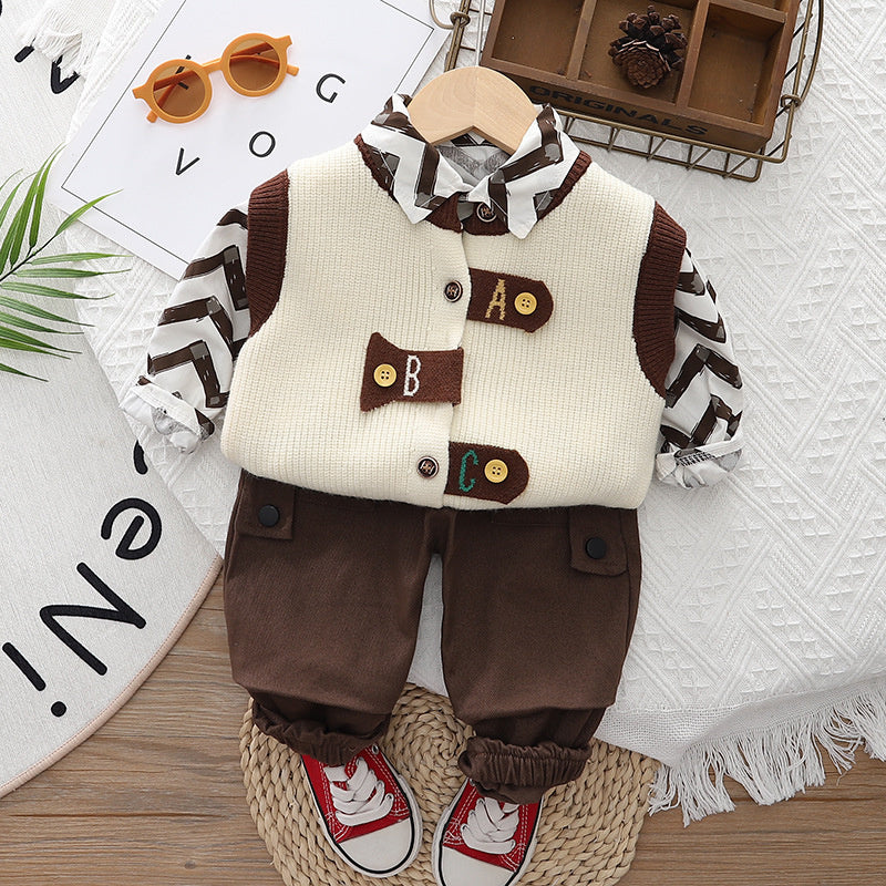 2024 Korean Version Autumn New Shirt 1-5 Years Old Boys Stylish Sweater Vest Casual Three-Piece Set One Piece Dropshipping