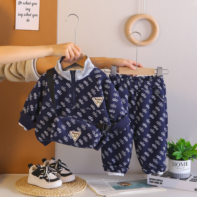Boys' Outfit 2026 New Children's and Autumn Long-Sleeve Half-Zip Two-Piece Set Baby Spring Clothes Trendy