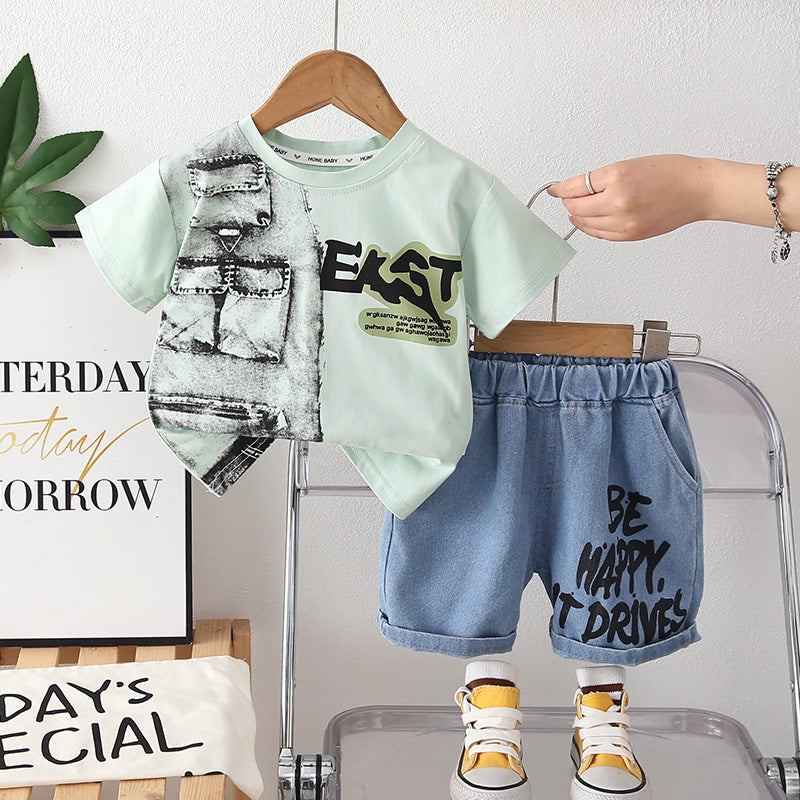 Children's Outfit 2026 Summer New Style Boys' Korean Version Casual Sports Printed Denim Two-Piece Set Short Sleeve Shorts Trendy