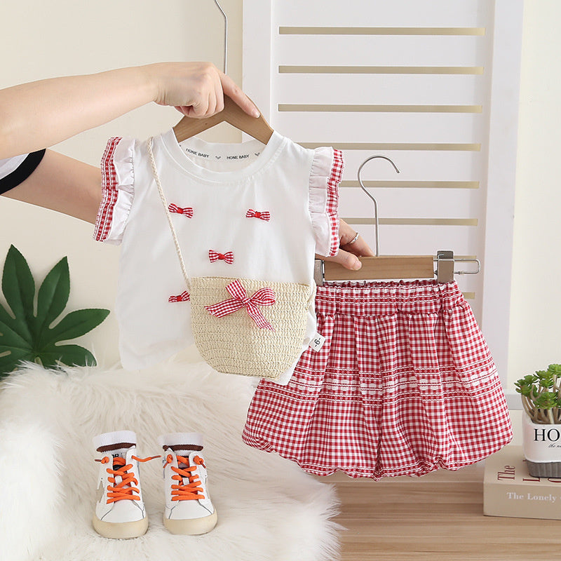 Girls' Outfit: Stylish and Fashionable Children's Clothing, Summer Bow Short-Sleeve Two-Piece Set for 1-Year-Old Baby Girls
